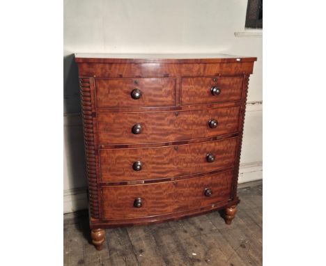 Victorian mahogany bow fronted chest with split bobbin turned columns, mother of pearl turned knobs upon bracket feet, 113 wi