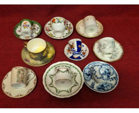 9 assorted decorative porcelain tea cups and saucers, various makers to include Delph, Dresden, Hammersley, Goebel, etc.