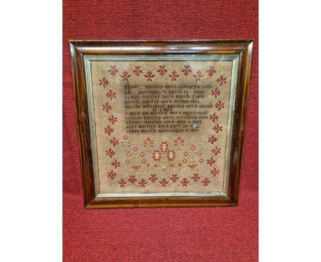 Early 19th century framed family sampler The Hartley Family, 48 x 49cm in frame.