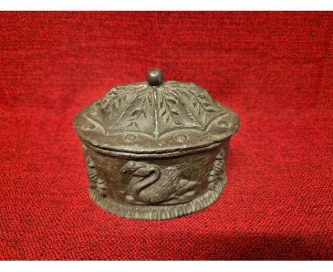 Georgian lead tobacco box of Navette shape, decorated with applied swans and pineapple motif. Slightly out of shape, together