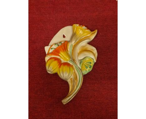 Clarice Cliff wall flower pocket, crack to back as pictured. 25cm long.