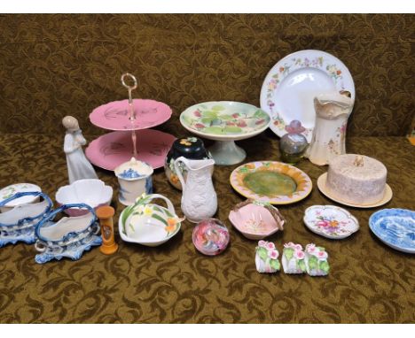 Mixed decorative pottery and porcelain to include Sylvac cheese dish, Nao figure, ginger jar, Royal Crown Derby, etc.