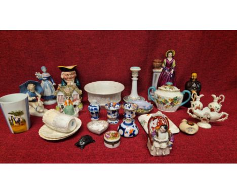 Victorian and later English and continental decorative pottery and porcelain to include Staffordshire figures, Spanish glazed