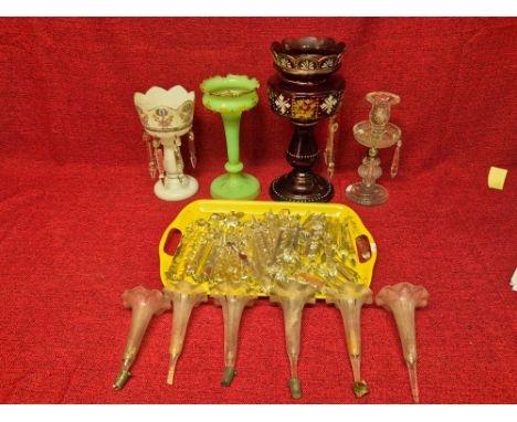 Victorian lustres, quantity of lustre drops and 6 etched epergne trumpets.