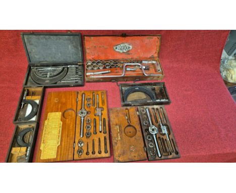 Mixed tools to include Britool socket set, Moore &amp; Wright 1" to 6" external micrometers and Henry Hanson Ace tap and tie 