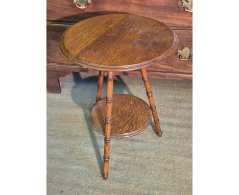 1930's oak bobbin turned 2 tier Gypsy table 59cm tall, 43cm diameter.