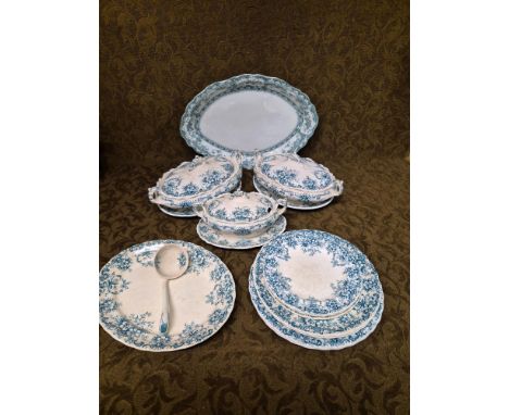 Kendall pottery part dinner service including vegetable tureens, flatwares and ladle together with a Wedgwood meat dish.