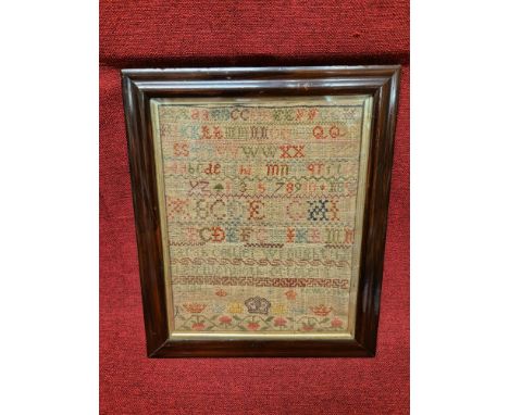 18th century framed sampler Wrought by Sarah Collier, 35 x 42cm in frame.