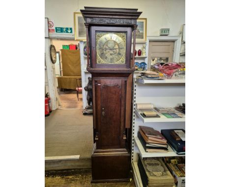 Georgian oak 30 hour longcase clock by Edward Barlow, Oldham with engraved brass dial, Arabic and Roman numeral chapter ring,