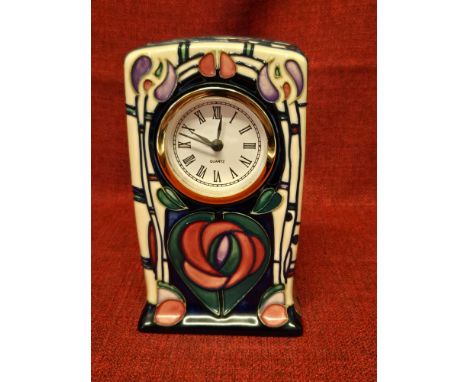 Moorcroft mantle clock Charles Rennie Macintosh pattern by Rachel Bishop standing 16cm tall.