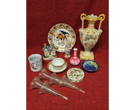 Assorted Victorian and later pottery and porcelain to include Staffordshire moneybox, continental figure, Crown Derby plate, 