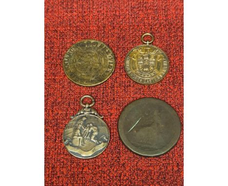 1820 half Crown, silver ambulance competition pendant, LNER First Aid medal and 1707 cartwheel half penny.