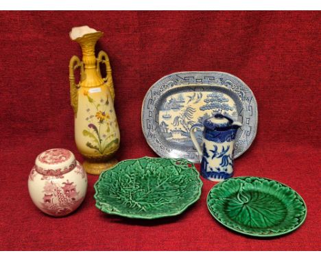 Davenport and Wedgwood green leaf plates, Turnwien decorated vase, Masons ginger jar, etc.