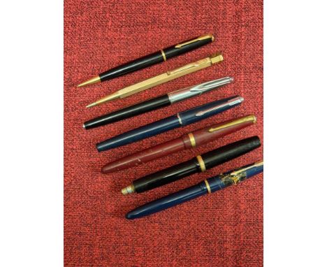 Parker and Waterman fountain pens, spares or repair together with Parker and gilt Yard O Led pencils, lot includes 3 x 14K ni