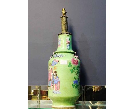 LARGE 19TH CENTURY CHINESE FAMILLE VERTE VASE CONVERTED TO A LAMP with figural decoration, with lamp fitting, 61cm high (exlu