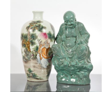 CHINESE CERAMIC BUDDHA AND CHINESE CERAMIC VASE
with Buddha in mottled green, 37cm high; the vase decorated with sage and att