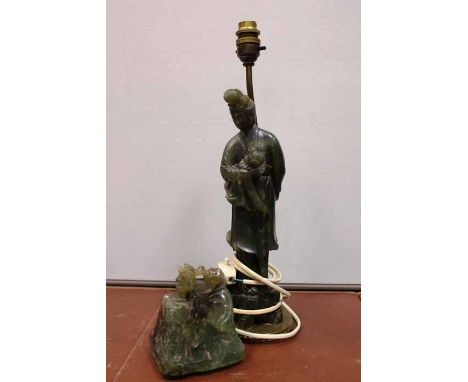 CHINESE JADE EFFECT LAMP  of figural form, 32cm high (exlcuding light fitting to top); along with a jade effect vase lid, 12c