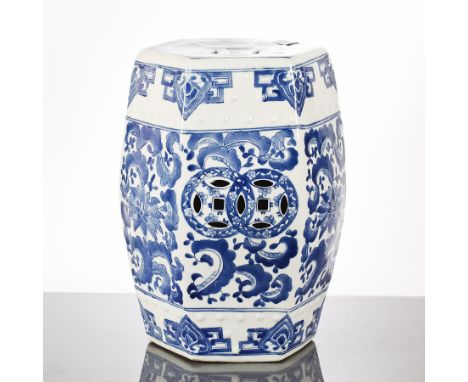 CHINESE BLUE AND WHITE STOOL
of hexagonal form and with pierced top, stylised floral motifs to body and bats to the top, 40cm