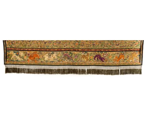 19TH CENTURY CHINESE SILK EMBROIDERY WALL HANGING  
the long panel with gold thread borders and detailing throughout, showing