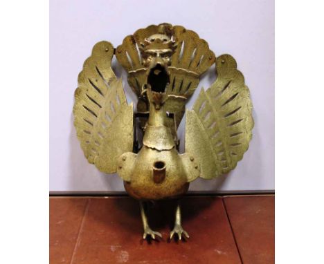 LARGE 19TH CENTURY INDIAN BRASS MYTHOLOGICAL BIRD LAMP/BURNER with front spout, and hanging pendant, 40cm high 