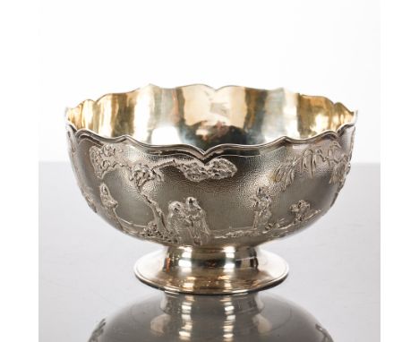 CHINESE SILVER PEDESTAL BOWL
of scalloped form, embossed with figural and architectural designs, stamped 90 'HM' and with a c