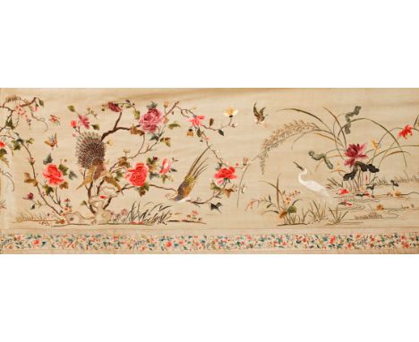 LARGE CHINESE SILK EMBROIDERED PANEL
showing birds on branches and blossom, 245cm long, 54cm wide 