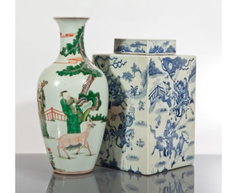 CHINESE CERAMIC VASE AND CHINESE CERAMIC LIDDED JAR
the vase decorated with sage and figures, 34cm high; the square jar with 