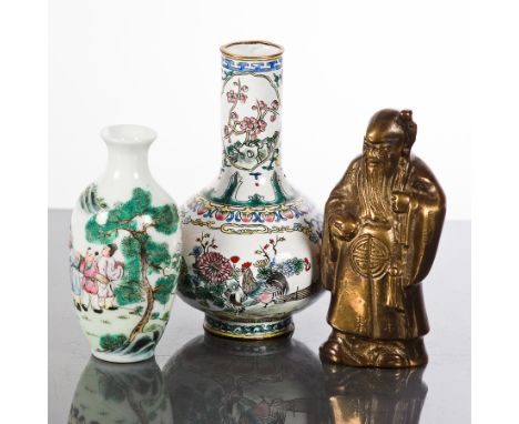 CHINESE CERAMIC VASE, ENAMEL VASE AND A BRASS SHAO LAO
the ceramic vase with figure riding a carp, mark to base, 12cm high; t