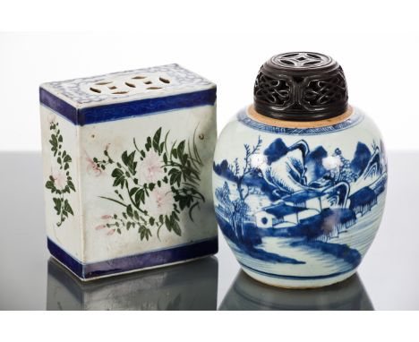 CHINESE CERAMIC PILLOW/BRICK AND GINGER JAR
the pillow with floral decoration, 14.5cm high; the jar with architectural landsc
