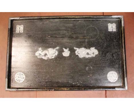 CHINESE SILVER INLAID TRAY of rectangular form, with dragons and flaming pearl, 53cm long, 33cm wide 