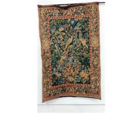 Decorative tapestry style wall hanging. Images of Peacocks and foliage. Together with hand forged iron pole.Pole 103 cm wide 