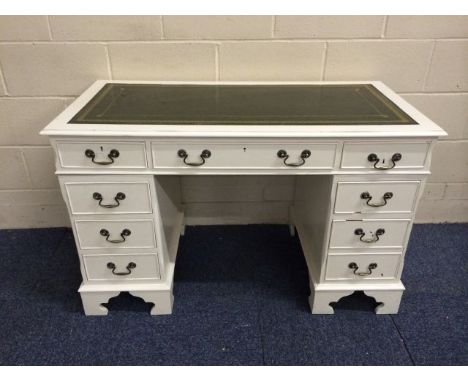 Vintage desk, painted in off white with green leather inlay top, 3 drawers to top with further drawers to sides including a f