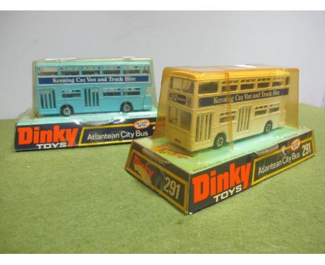 Two Dinky 291 Atlantean City Bus's "Kenning Car" etc, one overall light blue, one overall cream, both very good,in very good 