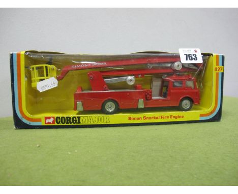 Corgi Major No 1127 Bedford TK "Simon Snorkel" Fire Engine, red body, silver platform, yellow cage, complete with all figures