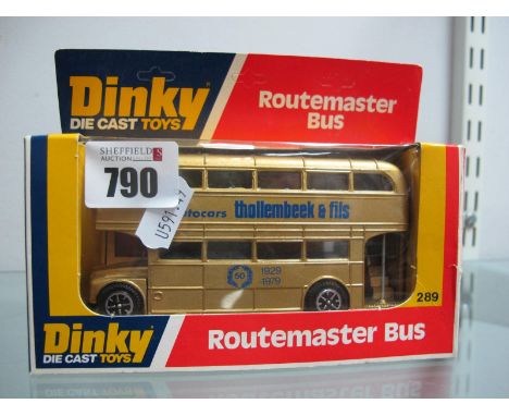Dinky No 289 Routemaster Bus "Thollembeek and Fils", overall gold finish DK blue lower interior, light blue upper, speed whee