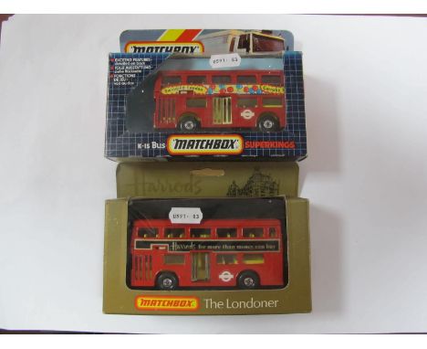 Two Boxed K-15 Matchbox Diecast Buses, Routemaster red with swinging London, Carnaby Street and the Londener some marks to mo