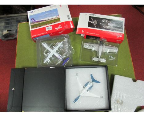 Three Boxed Model Aeroplanes, Gemini 200 1:200 Scale Gulfstream G650, Herpa 1:200 Scale Bombardier Q400 and Herpa 1:87 Scale 