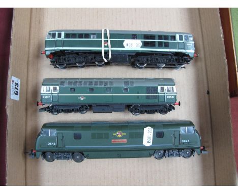 Three 'OO' Gauge/4mm Diesel Locomotives, BR green, unboxed, Lima class 42 R/No D843 "Sharpshooter", (good), Hornby class 33 R