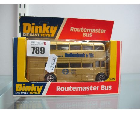 Dinky No 289 Routemaster Bus "Thollembeek and Fils", overall gold finish DK blue lower interior, light blue upper, speed whee