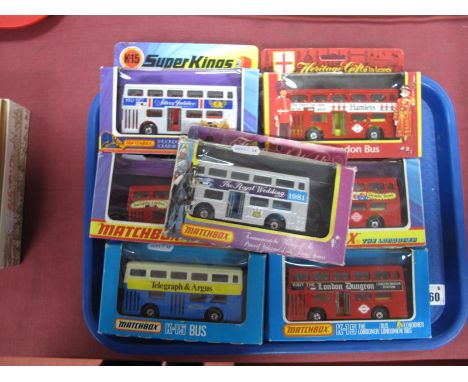 Seven Boxed Matchbox Superkings Buses, including K-15, London Bus, the Londoner, etc, all appear good, boxes poor.