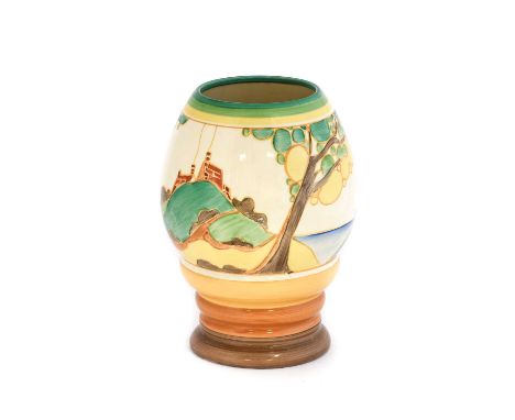 Clarice Cliff (1899-1972): A Fantasque Bizarre Secrets 362 Vase, painted with a coastal landscape with trees and cottages, bl
