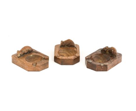 Workshop of Robert Mouseman Thompson (Kilburn): Three English Oak Ashtrays, of standard rectangular form, each with carved mo