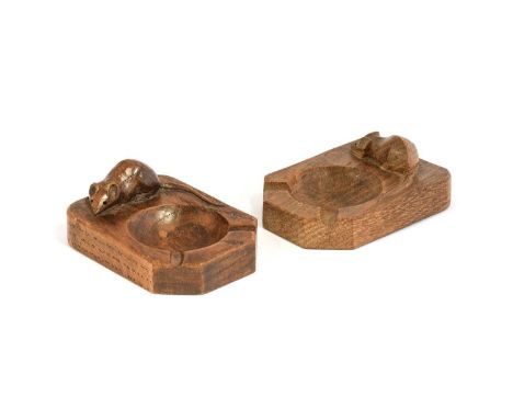 Workshop of Robert Mouseman Thompson (Kilburn): Two English Oak Ashtrays, of standard rectangular form, each with carved mous