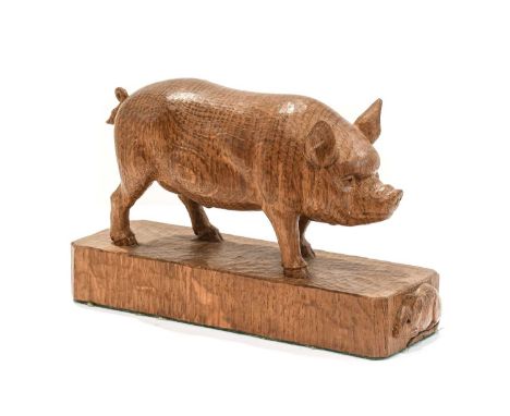 Workshop of Robert Mouseman Thompson (Kilburn): A Carved English Oak Boar, by Stan Dodds (1928-2012) standing pig, on a recta