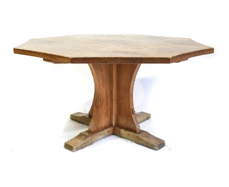 Workshop of Robert Mouseman Thompson (Kilburn): An English Oak Octagonal Dining Table, post 1971, adzed top, on a cruciform b