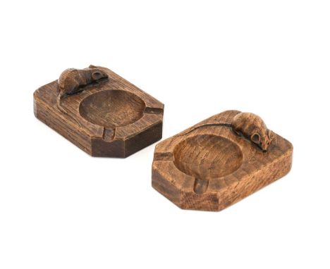 Robert Mouseman Thompson (1876-1955): Two English Oak Ashtrays, of standard rectangular form, each with carved mouse trademar