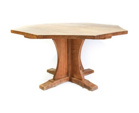 Workshop of Robert Mouseman Thompson (Kilburn): An English Oak Octagonal Dining Table, post 1971, adzed top, on a cruciform b