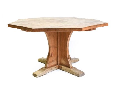 Workshop of Robert Mouseman Thompson (Kilburn): An English Oak Octagonal Dining Table, post 1971, adzed top, on a cruciform b