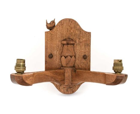 Wrenman: Bob Hunter (Thirlby): An English Oak Double Wall Light Bracket, with shaped rectangular back plate and two arms with