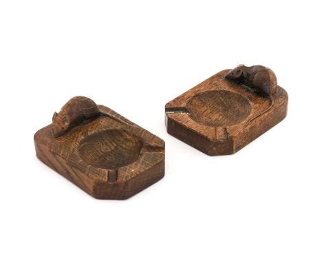 Robert Mouseman Thompson (1876-1955): Two English Oak Ashtrays, of standard rectangular form, each with carved mouse trademar